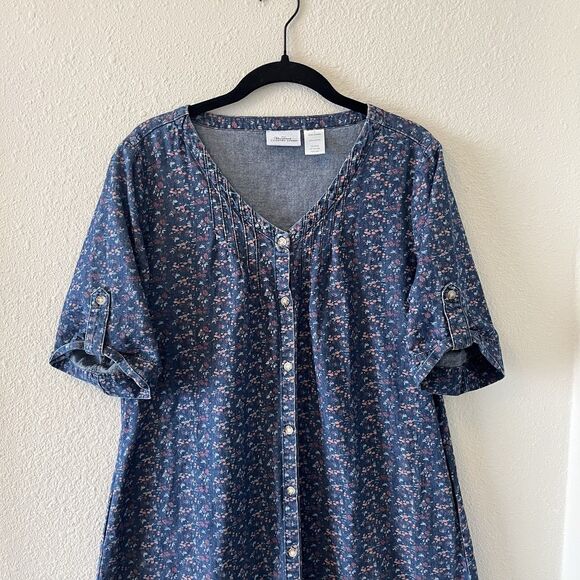 Vermont Country Store Denim Dress Womens Sm Floral Button Front Cottage Prairie - Picture 7 of 15